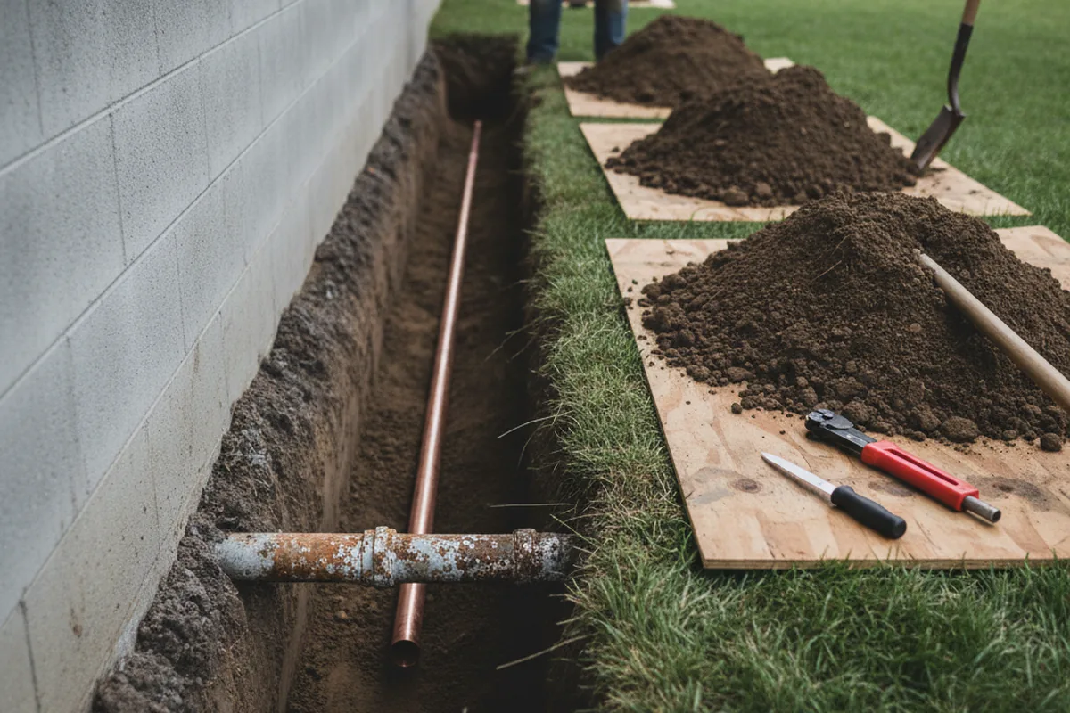 Excavated water line trench during Water Heater Repair in Day